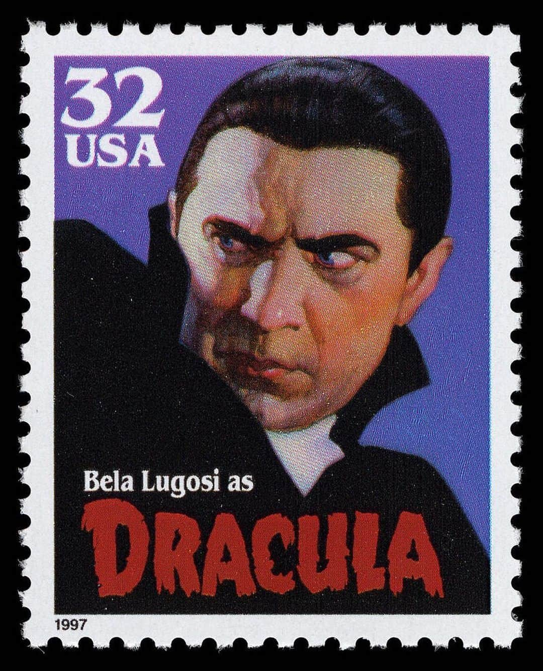 スミソニアン博物館のインスタグラム：「📞 What’s your favorite scary movie?   In 1997, the U.S. Postal Service issued five classic movie monster commemorative stamps. The stamps feature five legendary movie monsters and pay tribute to the actors who portrayed them. The series was the result of a fortunate coincidence—as the Postal Service began to develop the idea of monster stamps, the adult children of three classic movie-monster actors began campaigning to commemorate their fathers on stamps. The two paths converged, resulting in five of the spookiest stamps of the 1990s.   Featured in the series were:  🦇 Bela Lugosi as Dracula  🤕 Boris Karloff as The Mummy  🎭 Lon Chaney as The Phantom of the Opera  🐺 Lon Chaney Jr. (yes, the son of Lon Chaney) as The Wolf Man  🧟 Boris Karloff (again!) as Frankenstein’s Monster   These stamps are in the collection of the @NationalPostalMuseum.  Credit: United States Postal Service」