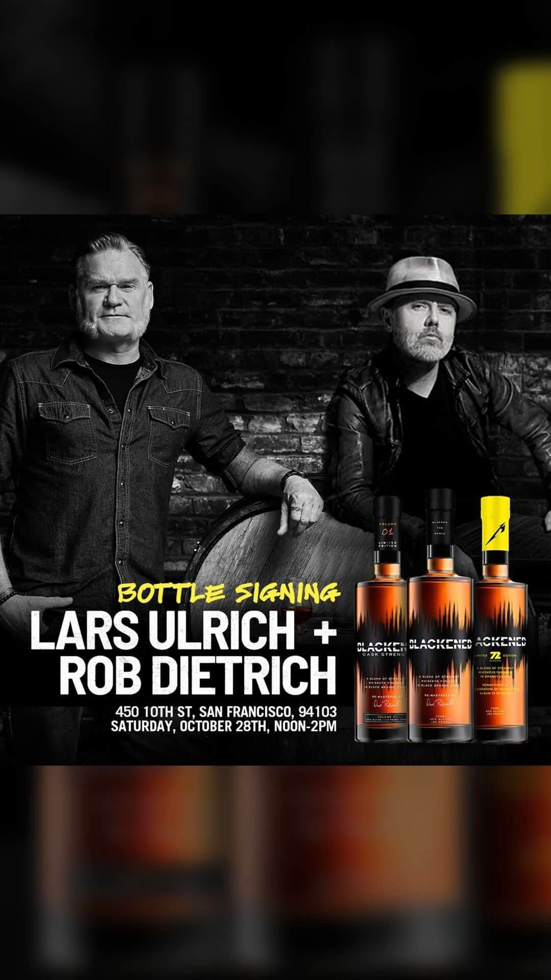 メタリカのインスタグラム：「Need to make a Costco run tomorrow? If you’ll be in San Francisco or Concord, stop by and say hi to @larsulrich and @whiskeyrob. They’ll be signing bottles of @blackenedamericanwhiskey! Entry is guaranteed for the first 100 people in line at each location.   San Francisco Costco 12-2 PM - 450 10th St, San Francisco, 94103  Concord Costco 4-6 PM - 2400 Monument Blvd, Concord, 94520」