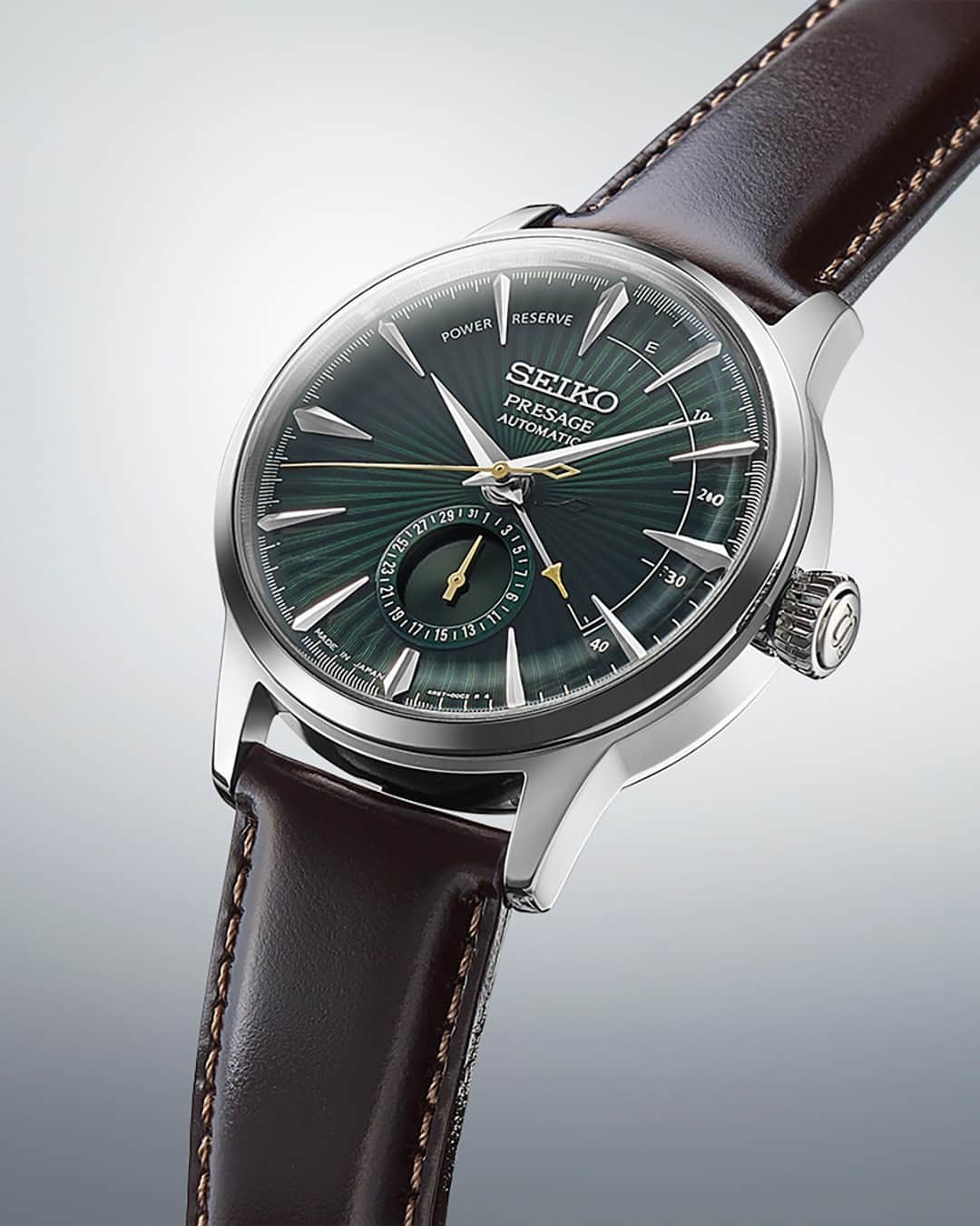 Seiko Watchesのインスタグラム：「The Perfect Fall Timepiece, #SSA459  ✔️ Rich green dial & brown leather strap ✔️ Dial inspired by the Mockingbird cocktail ✔️ 29-jewel automatic movement  Fall for Seiko this season...and every season.   #Seiko #Presage」