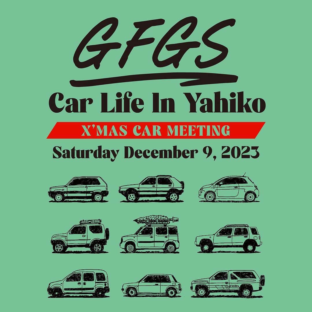 G.F.G.S.のインスタグラム：「. GFGS CarLife In Yahiko X’MAS CAR MEETING! 2023.12.9(sat)12:00-16:00  CarLifeイベントスピンオフ企画”X’MAS CAR MEETING”の開催が決定しました。 日本海からの海風強い新潟の冬のカーイベント開催に前例がない中で、クルマを中心に集まる人が楽しくあったかく過ごせるイベントにしいたいと、準備をすすめています。 会場はvol.0と同じ新潟県弥彦村 多目的ホール「ヤホール」です。  冬の新潟といえばクルマは必需品。 冬だからこそ話せる冬のクルマあるあるや相談など…この機会にできるかも？  県外や遠方からお越しの方は、開催地が弥彦温泉街ということで、宿泊先のご案内もしております。 また連携して、宿泊先でのイベント企画もご用意しております。  イベント詳細情報は追って投稿しますので、ぜひチェックをお願いします☑︎  エントリー車も近日中に受付開始予定です。 今回は冬開催らしく、以下のタグを中心に「1980's~2000's製のかわいいワゴン車」（丸目なら尚◎）で受け付けます〜！  #fiatpanda #twingo #fiat500 #jimny #vmgolf #nissancube #rasheen #Be1 #kangoo #minicooper #terrano   — #gfgs #gfgscalife #carlife #carmeeting #cardesign #carlovers #lovecars #pikecar #弥彦 #車イベント #パイクカー #パイクカー好き #車好き #車好きな人と繋がりたい #可愛い車 #車好き女子 #車が好　き」