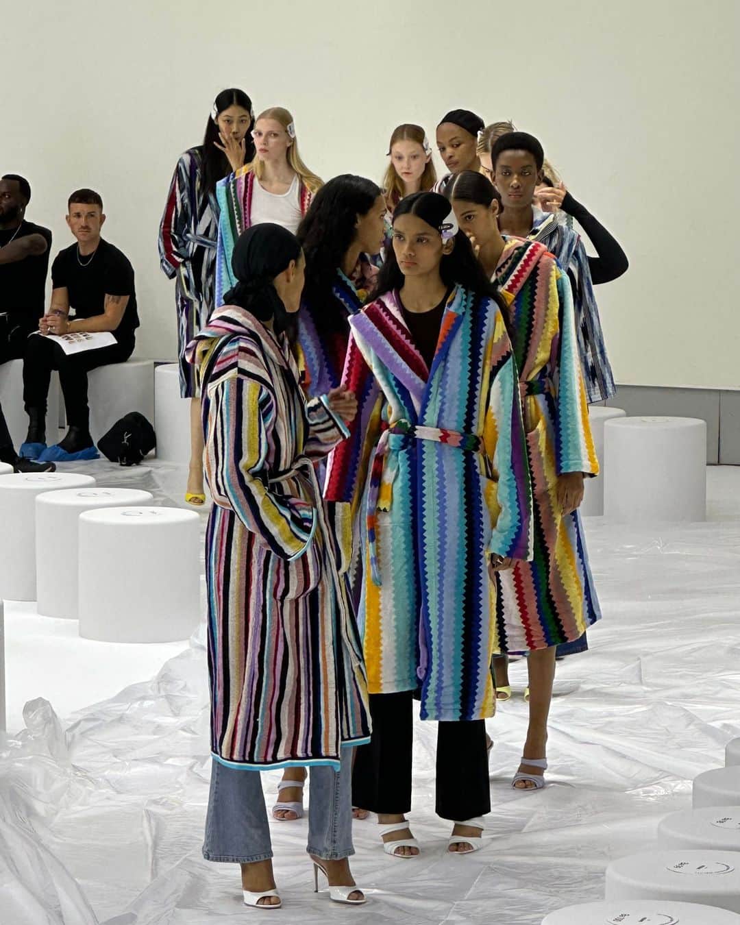 Fashion Weekのインスタグラム：「It's the robes for us. Models prepared for #Missoni's SS24 show with runway practice, hair, makeup and more.   Photos and videos courtesy of @bonsamis_」