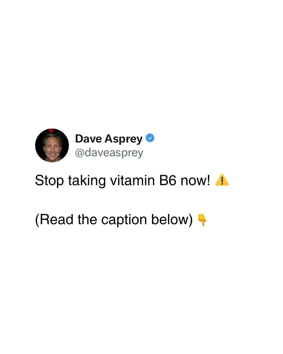 デイヴ・アスプリーのインスタグラム：「Vitamin B6 is critically important for your nervous system. That’s why companies put it in just about every supplement.  What they are not telling you is that the synthetic form of B6 that is in almost everything is harmful. It’s called pyridoxine.  About 5% of the pyridoxine B6 synthetic form can convert into the form your body needs called P5P. Unfortunately, the synthetic 95% clogs up your receptors so you effectively don’t get any B6.   Even worse, it can take more than two years for your B6 receptors to clear when you stop taking synthetic B6.  In high doses, pyridoxine can cause neuropathy — a condition that damages peripheral nerves, leading to symptoms like numbness, tingling, or even balance problems. The reason is that excess pyridoxine can interfere with the body's normal nerve signaling processes.  What’s even worse is that 10 mg is enough to start symptoms. You are probably getting more than that every day from all of your supplements.  What's interesting though, is that P5P, or Pyridoxal 5'-Phosphate, the form of Vitamin B6 I have recommended since the beginning of the biohacking movement, doesn't cause the same issues.   P5P is the active form of Vitamin B6 and is directly used in the body's metabolic processes without any conversion, unlike pyridoxine which needs to be converted into P5P to be useful.  That’s why P5P doesn’t cause neuropathy like pyridoxine does. Your body can regulate the amount of P5P more effectively, using what it needs and eliminating any excess. Pyridoxine overloads your body's conversion process.  Toss out any supplement containing B6. Don’t get IVs with B6.   If it’s not P5P or active B6, it’s not biologically compatible.  Remember, if you switch today, you will see full benefits over the next two years. It takes that long to get rid of the synthetic crap. 🙏 Share with a friend! 🙏  #vitaminB6 #pyridoxine #p5p #neuropathy #health #WellnessTips」