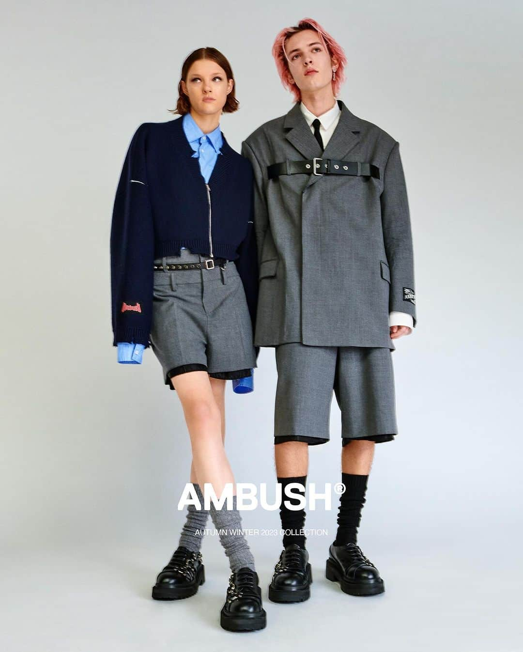 AMBUSHのインスタグラム：「School uniforms with a twist. New unisex suiting with raw-edged hemlines, double-belt loops, and crossover buckle details. Found at our WEBSHOP and WORKSHOP.」