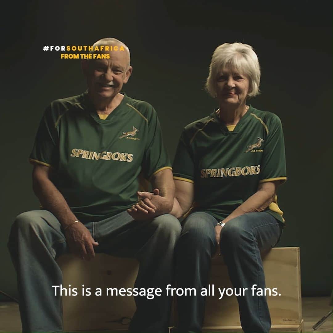 ラグビー南アフリカ代表のインスタグラム：「A message from all your fans: you bring us together 💚💛 #StrongerTogether #ForSouthAfrica」