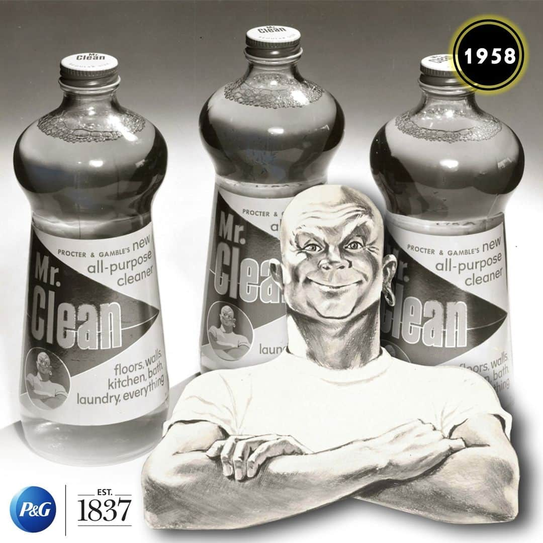 P&G（Procter & Gamble）のインスタグラム：「Here’s a throwback to our very first bottle of @MrClean from 1958. From floors to walls to laundry, this all-purpose cleaner really did clean it all back then. #PGHeritage   Today, our lineup of award-winning products continue to tackle those tough messes, including our favorite ✨Magic Erasers. ✨🙌   Mr. Clean himself was spotted at #SneakerCon2023 showing #sneakerheads how to get their #sneakers clean in two steps using Magic Erasers!   Tap the link in bio to learn how.」