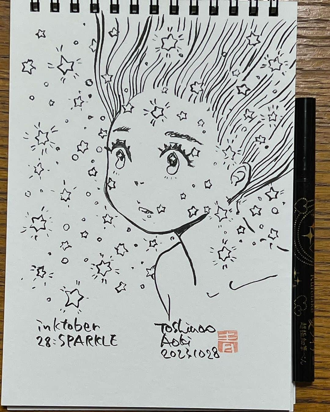 青木俊直さんのインスタグラム写真 - (青木俊直Instagram)「#inktober #inktober2023 #kuretake_inktober #kuretake_inktober2023 28:SPARKLE」10月28日 22時44分 - aoki818