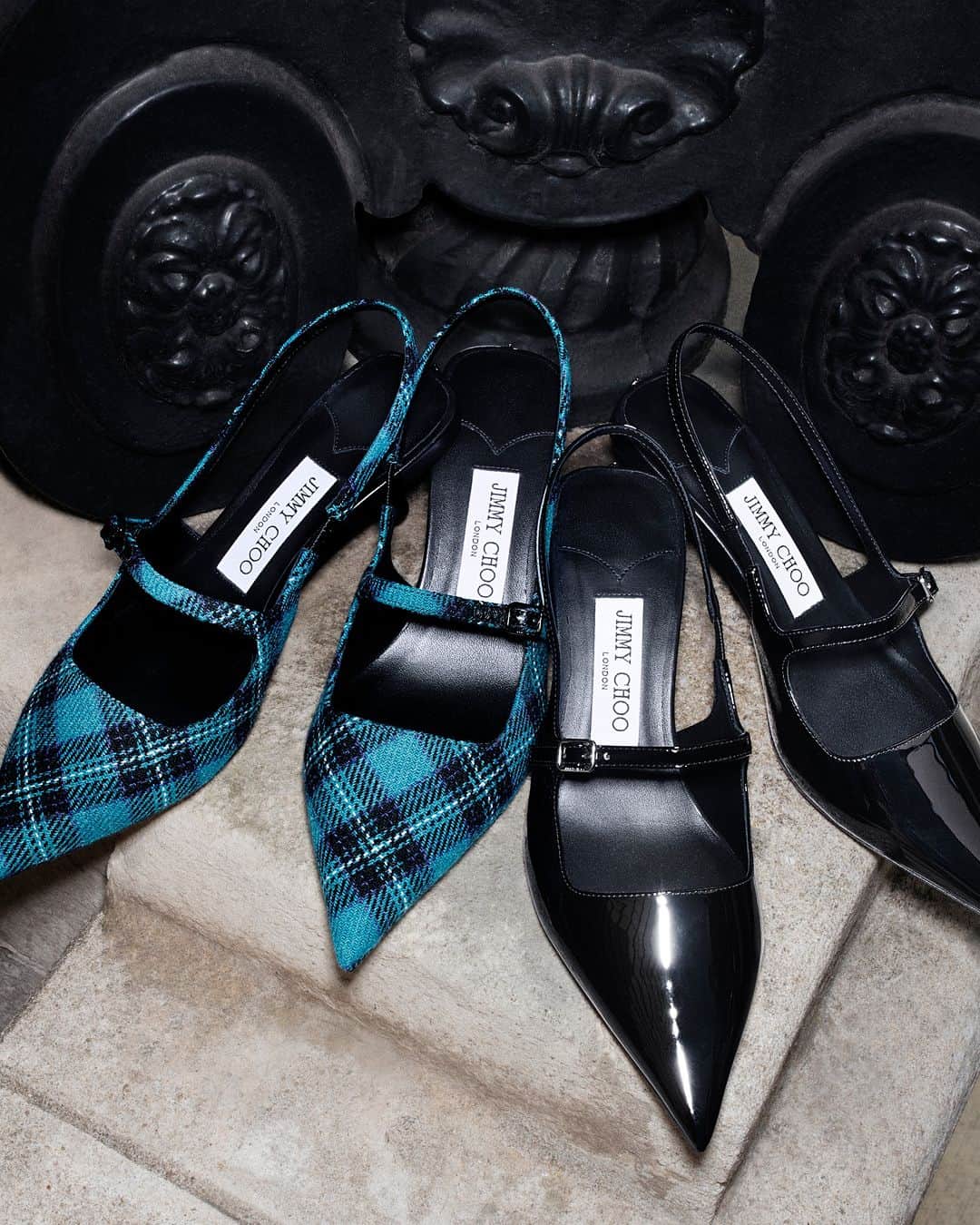 Jimmy Chooのインスタグラム：「Presented in patent leather and peacock tartan, Didi is a decidedly modern slingback complete with a graphic kick heel #JimmyChoo」