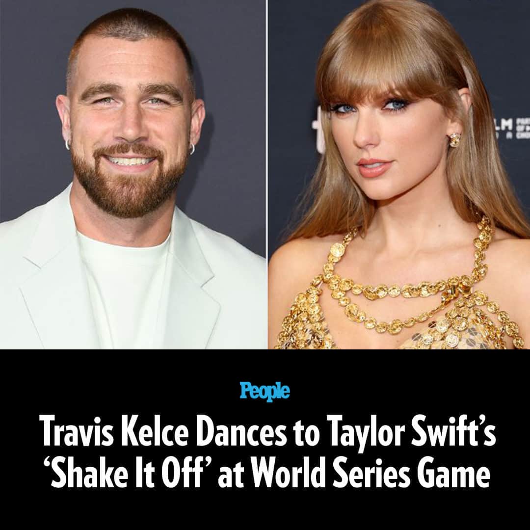 People Magazineさんのインスタグラム写真 - (People MagazineInstagram)「Travis Kelce was spotted busting some moves to Taylor Swift’s 2014 song “Shake It Off” as he attended the World Series Game.  In a TikTok clip posted by an attendee at the baseball game, Kelce appeared on the big screen at Globe Life Field stadium, where the World Series game was held, as he danced to the track in his seat in the stands.  Although Swift was not with him at the game, Kelce smiled as he held one arm up while shaking his hand and laughing as "Shake It Off" played in the fun video.  Kelce’s appearance at the World Series game comes as a source told PEOPLE this week that his romance with Swift appears to be “getting serious.” Tap the link in bio for more details. 📷: Getty Images」10月29日 0時05分 - people