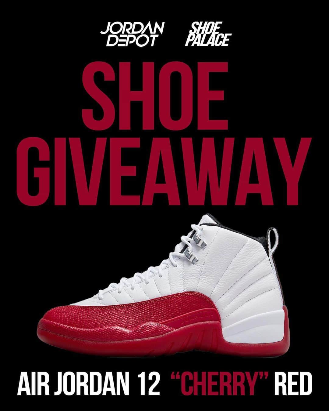 jordandepotのインスタグラム：「We're giving away two (2) pairs of Men's Air Jordan 12 Retro 'Cherry' Red’s  See instructions below to enter: 1.  Like this post 2.  Follow @shoepalace and @jordandepot on IG 3.  Comment your shoe size and tag three friends  Giveaway is open to U.S. residents only and ends Tuesday 10.31.2023 at 7PM PST. All communication will come from @JordanDepot only. The randomly selected winner will be notified via DM and will have 24 hours to respond. Good luck!」