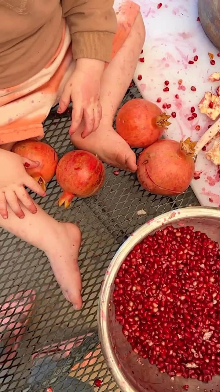 JO BAKERのインスタグラム：「S W E E T • S T I C K Y 🍁 With my house still in utter remodel chaos, I try to see the magic of what we have ~ instead of what I would like. With two old #pomegranate trees in my garden, watching them grow all year and ripen these past few weeks has been calming and reminding me to be patient and enjoy life’s small joys. Not sure if this is the correct way  to juice #pomegranateseeds but it sure did take up some time and create one hell of a sticky toddler ….grateful for all things that ground me and show me what’s really important ❤️‼️  #momlife #autumnal #harvest  #garden #california」