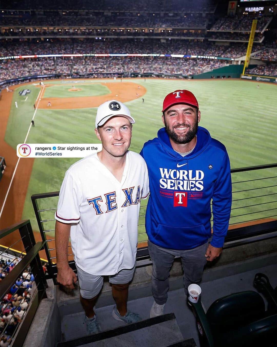 チョン・インジのインスタグラム：「Jordan Spieth and Scottie Scheffler want the @rangers to #GoAndTakeIt .  They were at the Game 1 win in the World Series.」