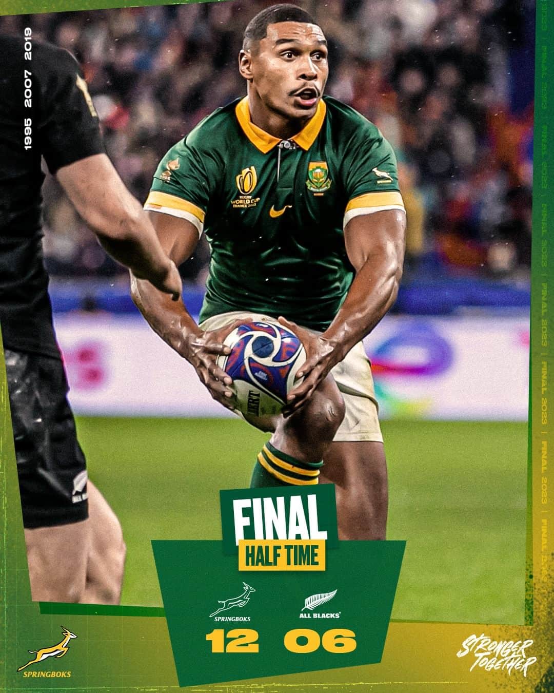 ラグビー南アフリカ代表のインスタグラム：「It's half-time in Paris with the Boks in the lead ⏰ #StrongerTogether #Springboks #RWCFinal #RSAvNZL」
