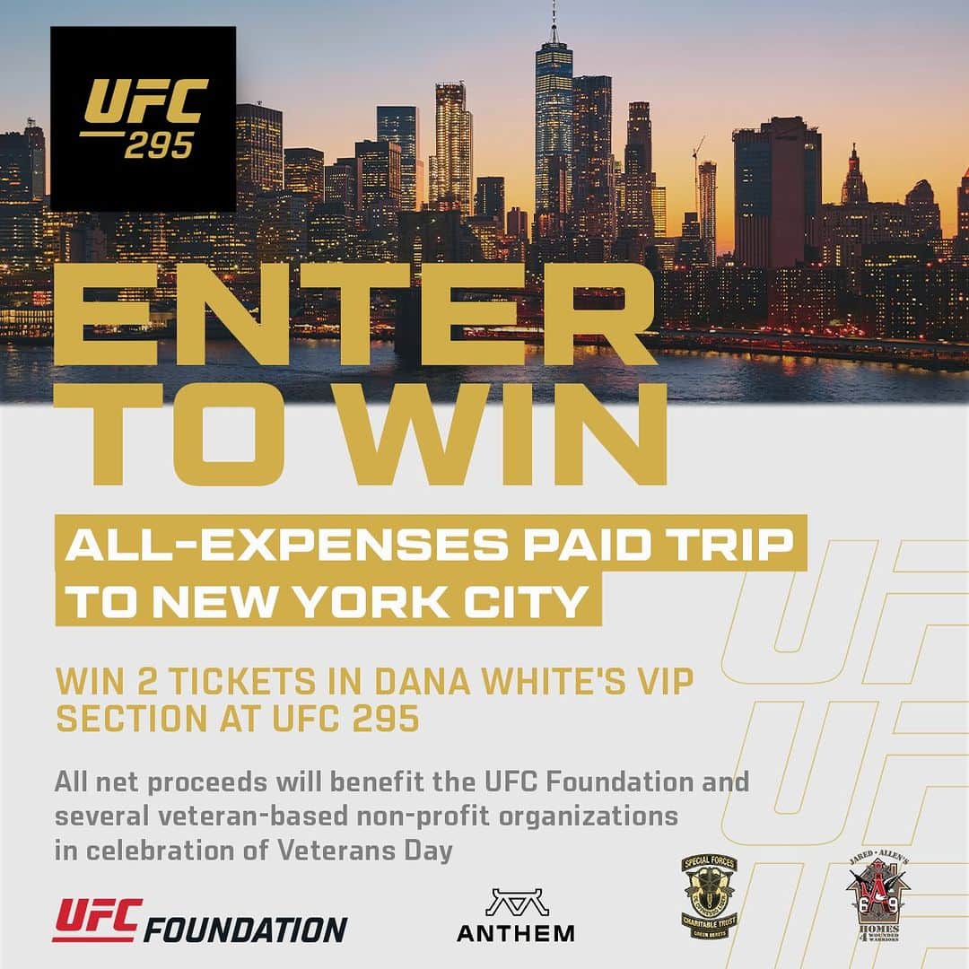UFCのインスタグラム：「Here's your chance to win a FREE trip to NYC! 🗽  Want to watch #UFC295 from the stands? Now's your chance!  LInk in bio for you chance to win!」