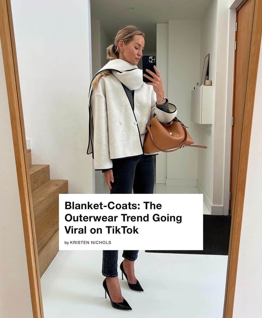 WHO WHAT WEARのインスタグラム：「This outerwear movement is as cozy as it gets. @toteme's cult favorite blanket-coat set the tone for what has developed into a fashion phenomenon, with designers like @tovestudio and @helsastudio bringing their own takes on the trend to the market. Tap the link in our bio to find a variety of blanket-coats, including styles featuring whipstitched trims, built-in scarves, and fringe details. #HighlyDocumented photo: @anoukyve」