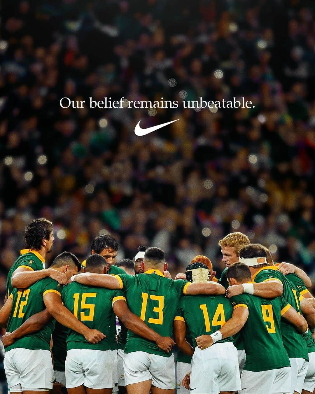 NIKEのインスタグラム：「When we believe as one, it brings victory for all.  Congratulations @bokrugby, the new World Champions and the first men’s rugby team in history to do it four times.  A big win and an even bigger victory for every South African. 🏉🏆🇿🇦」