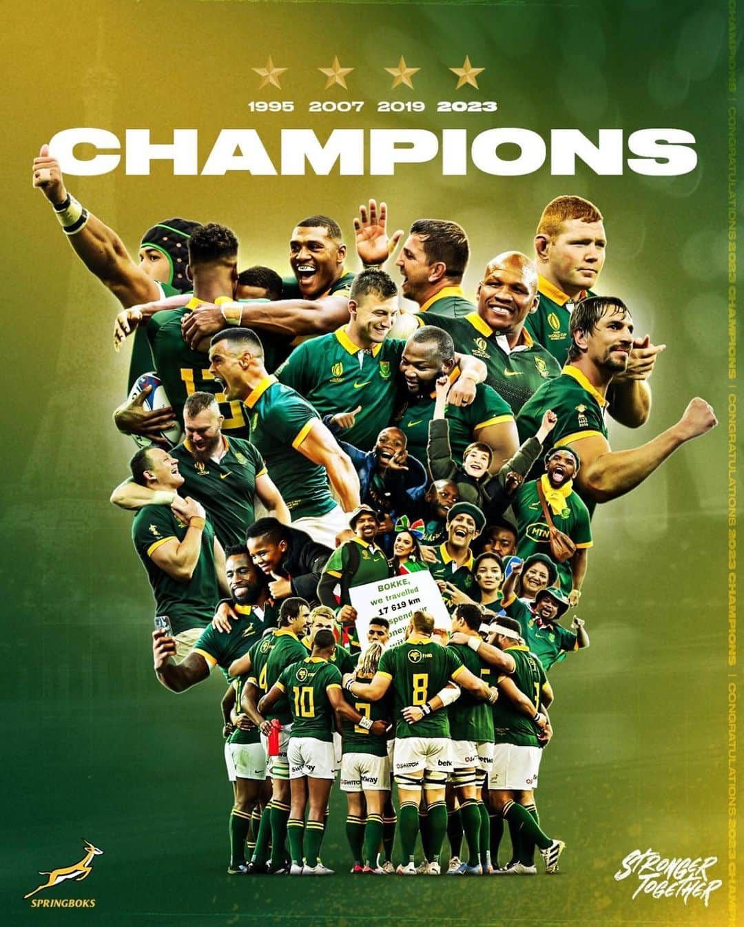 アーニー・エルスのインスタグラム：「Congratulations to @bokrugby on an historic 4th Rugby World Cup victory. Incredible stuff. What a team! 👏👏 Thank you for what you have done. We are so proud of you and how you inspire and unite our nation. 🏆🏆🏆🏆」