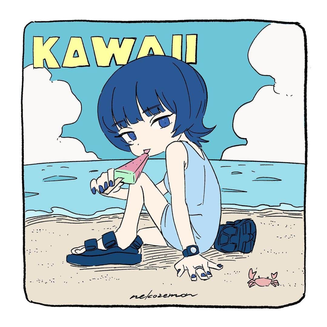 ねこぜもんのインスタグラム：「夏もう終わって冬だけど  #Illustrator #illustration #art #イラスト #イラストレーター #絵」