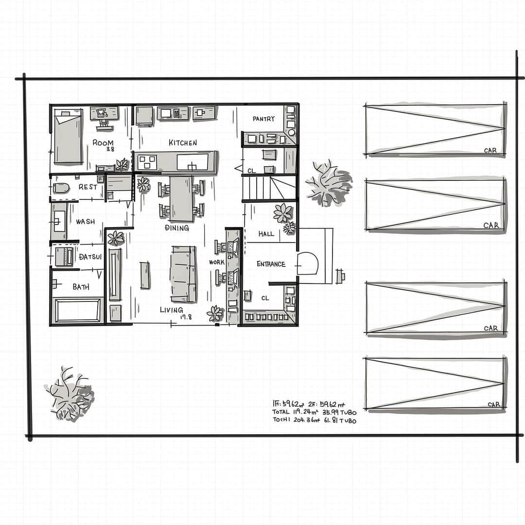 kiyoshi.tabuchiさんのインスタグラム写真 - (kiyoshi.tabuchiInstagram)「・ ・ おはようございます！ 本当に少し肌寒くなってきました。 1か月末までまだ夏だったような（笑）  デザインの総合プロデュースさせて頂いている工務店の河村（こうむら）土地住宅　@koumura.koumuten  様の分譲住宅の間取りができました。  分譲住宅として間取りを設計しているのですが、お問い合わせがあれば、要望に合わせてデザインをさせて頂きます。岐阜県関市下有知にて注文住宅を検討されている方はご連絡ください。  最近、手書き間取りの描き方を変えたわけですが、正直めっちゃ時間がかかる。たぶん慣れてもあまり変わらない。白黒にしただけなのですが、本当に倍は時間がかかる（笑）  デザインへの時間注入量って、印象量なんだろうな。 もっともっと勉強しないと！！！  さーー今日は、経営者として帳簿のチェックやこれからの資金繰り等々しっかり整えないと！！  とにかく勉強勉強勉強！！ まー秋ですしね（笑）  今日も素敵な1日を🍀  【お知らせ1】 ＊全国の工務店様へ タブチと一緒に企画住宅、分譲企画しませんか？ワクワク家づくりしましょ〜。他にもお客様対応で困っていることや、間取りの相談等々受付しております。インスタ投稿もお手伝いしております！初回打合せは無料ですので、お気軽にご連絡くださいませ。  【お知らせ2】 ＊全国の新築・リフォームをご検討の方へ タブチと一緒に家づくりしませんか！中部・関西であれば会ってお話しできますが、最近はオンラインで間取りをご提案しておりますので全国どこでも可能です。また最近では、家の打合せを代理で工務店様とお話しすることも行なっております。建てる会社は決まっているけど、上手く自分の思いを伝えれない方もご連絡ください。解決策をご提案します。こちらも初回打合せは無料ですので、お気軽にご連絡くださいませ。  初回は無料ですので、お気軽にご連絡くださいませー  #新築  #リフォーム  #間取り  #モダン  #シンプル」10月29日 9時19分 - kiyoshi.tabuchi