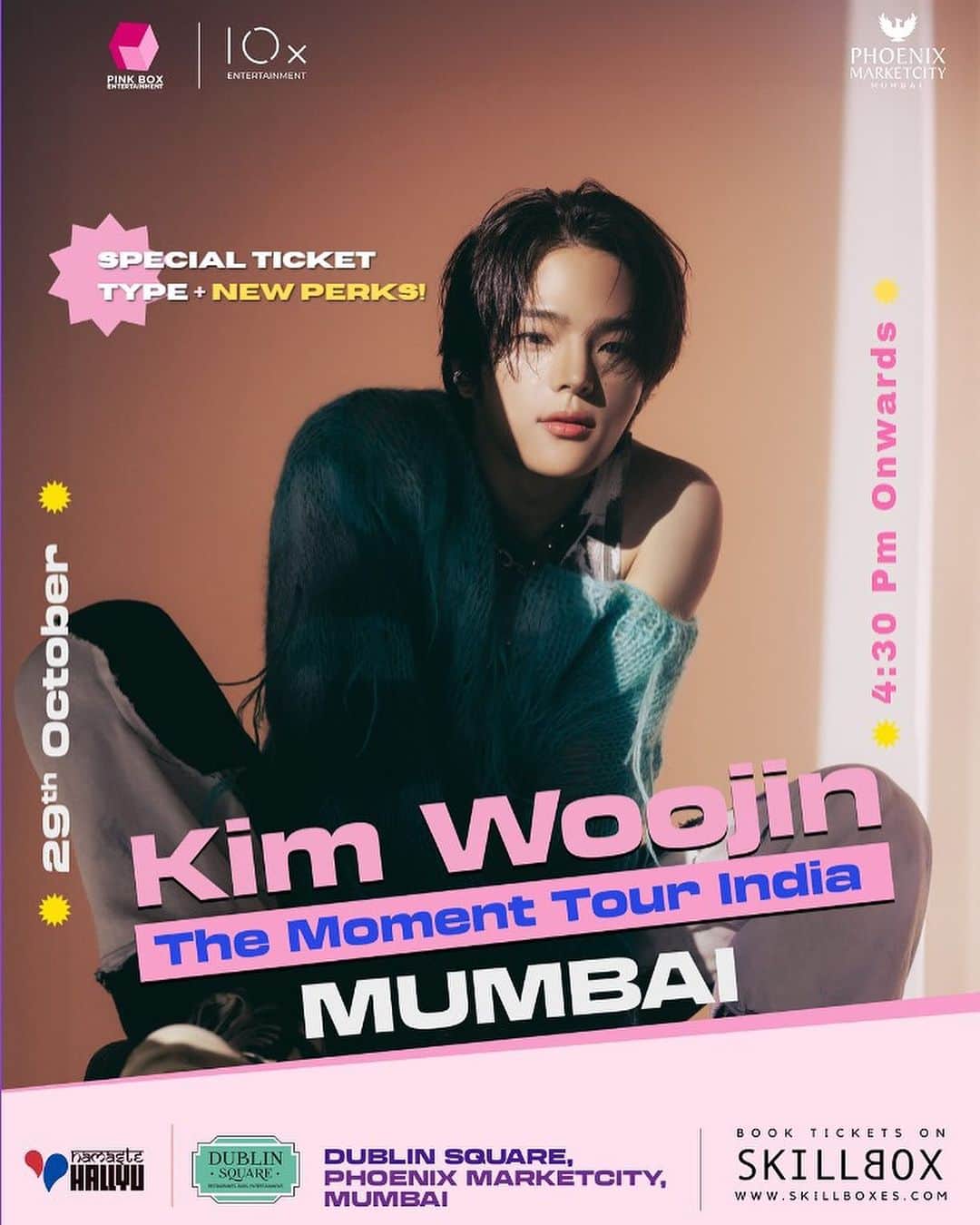 キム・ウジンのインスタグラム：「Mumbai! Can’t wait to perform later today, at the city of dreams! Last stop for The Moment India tour!  VENUE: Dublin Square, Phoenix Market City, Kurla  FANMEET: 4:30 PM (Last entry 4:30 PM)  CONCERT: 6:30 PM   Online tickets at @skillboxofficial  Limited offline tickets will be available at the venue. For more information @pinkboxevents   See you soon!   #WoojininIndia #TheMomentIndia #KPopIndia #kpopindianfans #pinkboxevents」