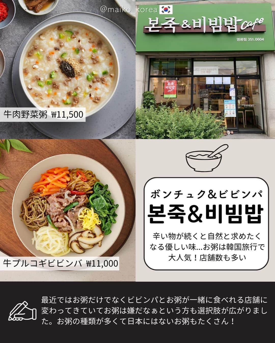 鍛治麻衣子さんのインスタグラム写真 - (鍛治麻衣子Instagram)「韓国旅行で役立つ情報はこちら······▸ @maiko_korea ⁡ ⁡ ⚠︎ チェーン店の価格設定は店舗により異なります 画像にある価格と違う店舗もありますのでご了承ください ⁡ 皆さんは韓国旅行に来たらどんな食事をされますか？ お友達や家族との旅行であれば美味しいお店を探して行ったり しますよね☺️でも一人旅やお仕事で来た方、美容目的で 来た方、韓国に新しく住む方などは一人で食事をするのが 凄く難しい...それが韓国です😭 ⁡ 日本にいたら簡単にひとりご飯出来るお店も多いですが 韓国は基本的に2人分から注文しなければならないお店が多く お店も探すのも一苦労です...🥲 そんな時に有難いのがチェーン店！！！ ⁡ チェーン店の良い所は比較的どこにでもあって お値段も安め、ソウル市内や繁華街など人の多い場所では 24時間営業のお店も多いので留学中に凄く助けられました🙏🏻 ⁡ ただしチェーン店は店舗によって味や値段が違います😳 この前あの店舗では○○ウォンでこんな味だったのに ここのはちょっと違う🤔みたいな事があったり... 凄い！美味しい！感動！みたいな事は少ないかもしれません が...今回紹介したお店は美味しいお店が多いです！ ⁡ お店に困った時はNAVERマップでハングルで検索すると 近くのお店がズラっと出てきます☺️投稿を保存して 役立てて頂ければと思います🙋🏻‍♀️ ⁡ ┈┈┈┈┈┈┈┈┈┈┈┈ フォロワーさん限定...💡 ̖́- ┈┈┈┈┈┈┈┈┈┈┈┈ ⁡ 最近DMでここにはどうやって行きますか？ この辺りでオススメのお店ありますか？など質問いただくのですが この投稿のコメントに探して欲しい内容を簡単にコメント いただければDMで情報をお送りします🙋🏻‍♀️ どれくらい需要があるか分かりませんが皆さんのお役に 立てますように🙏🏻💓気軽にコメントください🫶🏻 ⁡   🇰🇷韓国旅行で役立つ情報まとめ🇰🇷 ￣￣￣￣￣￣￣￣￣￣￣￣￣￣￣￣ #MAIKOの韓国で役立つ情報 ⁡ ━━━━━━━━━━━━━━━━━━━━━━━━━━━ ⁡ #韓国チェーン店#韓国グルメ#韓国グルメ旅#韓国グルメ情報#韓国グルメ🇰🇷#韓国一人旅#韓国一人飯#韓国一人ご飯#韓国ひとり旅#韓国ひとり旅行#韓国ひとりごはん#韓国ひとりご飯#韓国旅行#韓国旅行🇰🇷#韓国旅行情報#韓国情報#韓国オススメ ⁡ ━━━━━━━━━━━━━━━━━━━━━━━━━━━」10月5日 20時15分 - maiko_korea