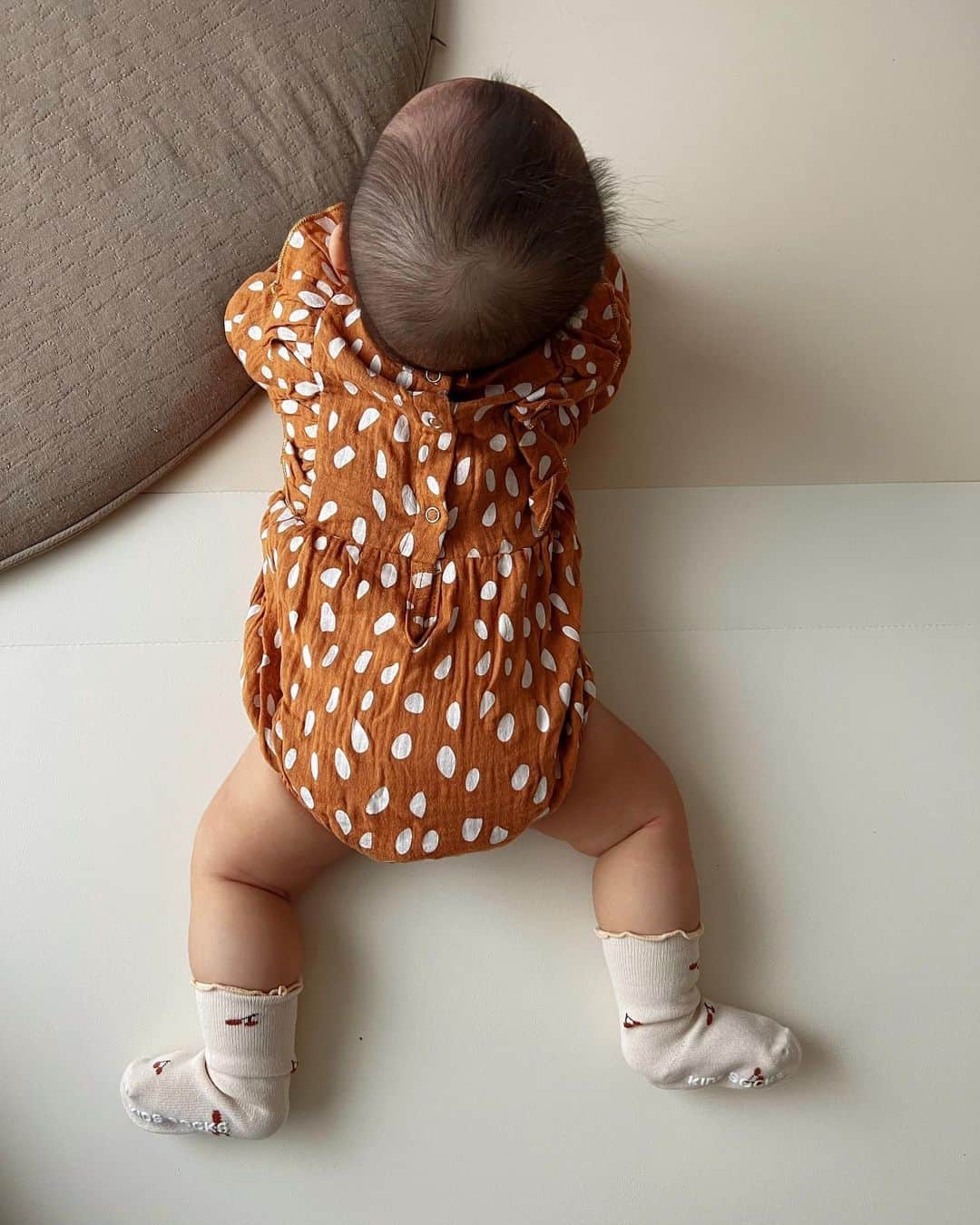 のインスタグラム：「* 長袖はじめました。 急に寒すぎて初めての秋冬を経験する👶🏻の服が 全然準備できてない😂 ・ ・ ・ ・ #生後5ヶ月#女の子ベビー#子育てママ#秋服#80サイズ#ベビー服」