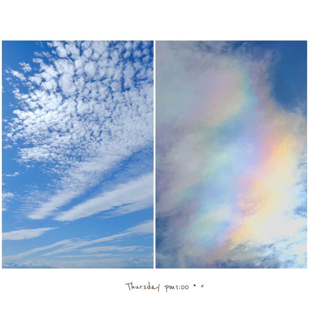 菊池真以のインスタグラム：「空気が変わった！🍁・° 秋の雲がたくさん出ていて. 太陽の近くを通るたびに、彩雲になっています🥰綺麗！  #彩雲日和 #ときめく雲図鑑　📘」