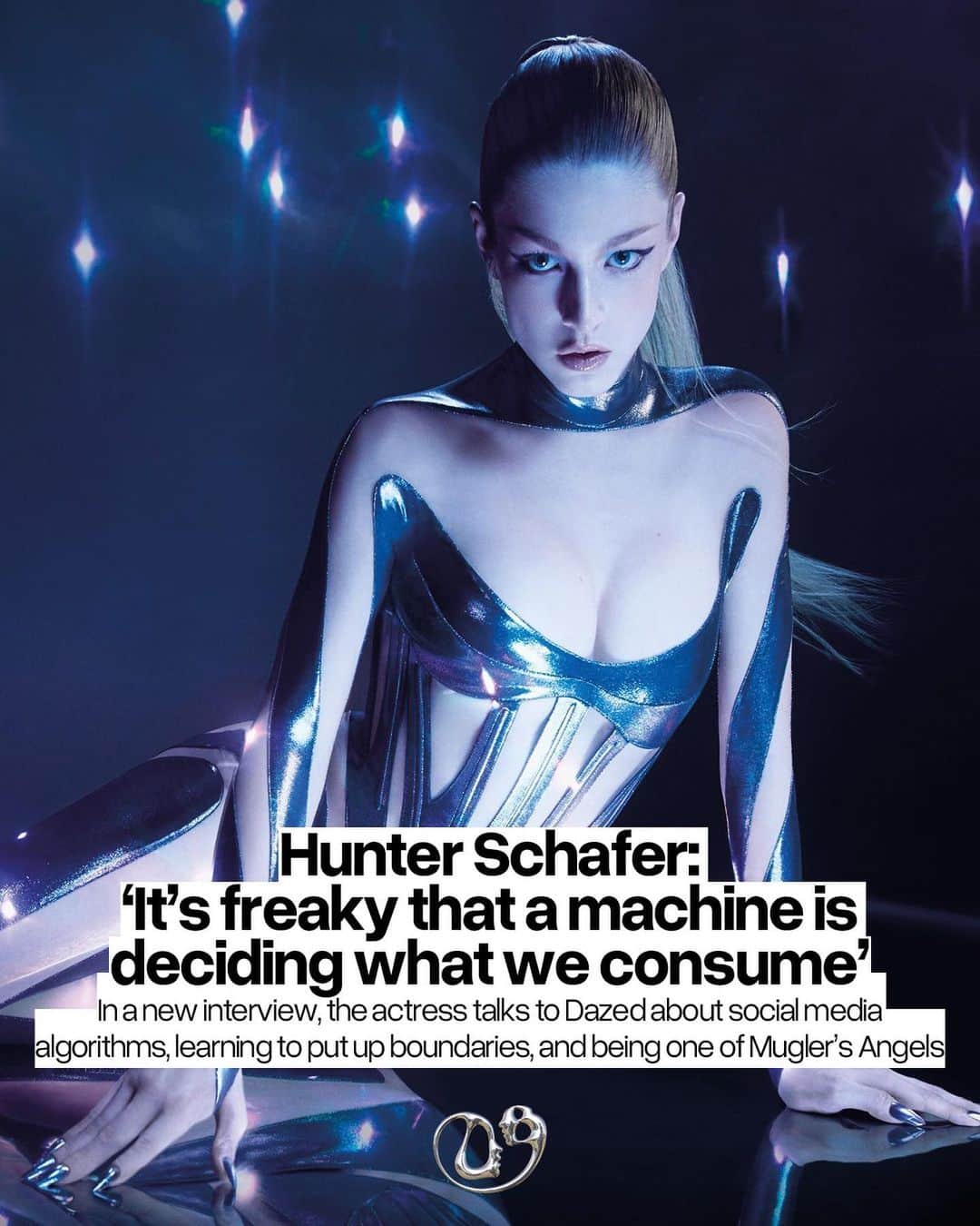 Dazed Magazineのインスタグラム：「@hunterschafer is now one of the @muglerofficial Angel girls 🖤👼 ⁠ “I had the privilege of going to the Thierry Mugler exhibition at the Brooklyn Museum,” she says. “There’s a whole room devoted to the fragrance and they had all the different iterations of the bottles over the decades and the different campaigns, and then mine was at the very end. I couldn’t believe it. It felt historic.”⁠ ⁠ When Mugler’s Angel Eau de Parfum came out in 1992, it forever changed the perfume world. Whether you hate it or love it, in the years since it’s been impossible to miss. “The fragrance just feels really in line with who I am and how I like to navigate fashion and assemble myself. It has these contrasting elements of strength and power but also soft and sensual.”⁠ ⁠ Tap the link in bio to read our full interview with Schafer on everything from social media algorithms, learning to put up boundaries and being one of Mugler’s Angels 🔗⁠ ⁠ ✍️ @abkpeters⁠ 📸 Courtesy of Mugler⁠ ⁠ #DazedBeauty #Mugler #HunterSchafer」