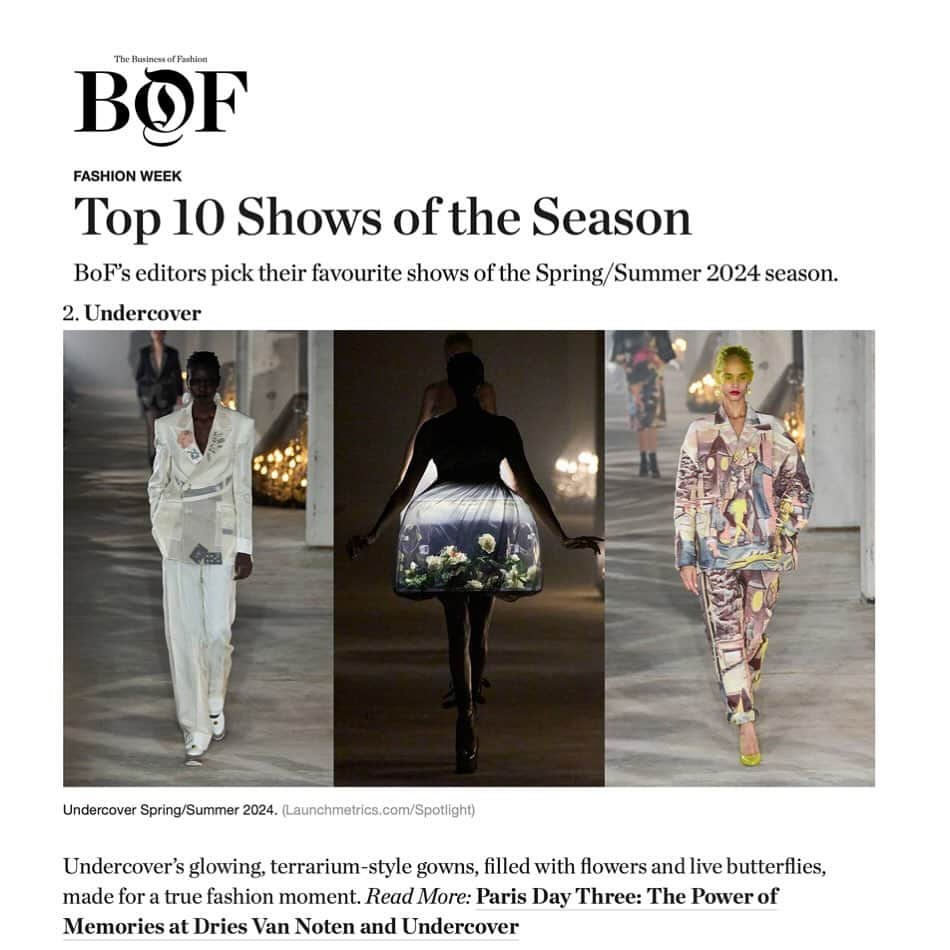 高橋盾のインスタグラム：「Undercover got 2nd place in Business of Fashion's Top 10 Shows of the Season  Thank you @BoF  BOF( Business of fashion)の今シーズンのTop10にて2位を頂きました。 嬉しい限りです！」