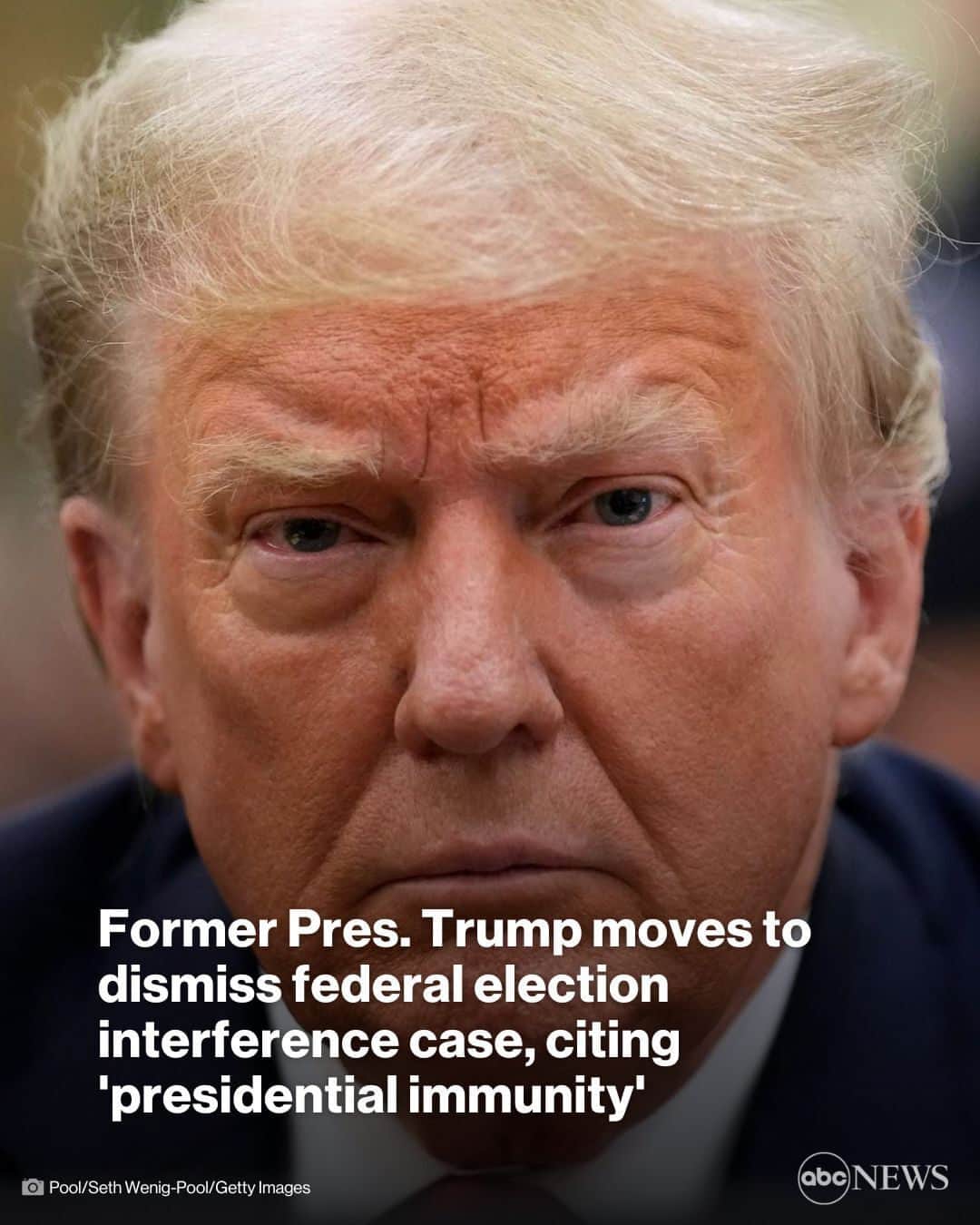 ABC Newsのインスタグラム：「Former Pres. Trump made his first motion to dismiss his federal election interference case, citing what his lawyers claim is his "absolute immunity" from prosecution for actions taken while serving in the nation's highest office.  The filing is the first in a series of anticipated motions to dismiss the case against Trump brought by Special Counsel Jack Smith that charged him with four counts related to his alleged plot to overturn the 2020 election.  More at the link in bio.」