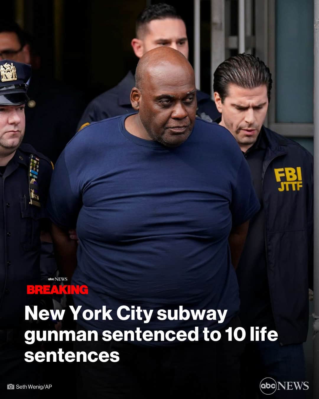 ABC Newsのインスタグラム：「BREAKING: Frank James, the man who opened fire on a crowded New York City subway in Brooklyn back in 2022 and injured 10 people, received 10 life sentences — one for each victim of the shooting.  "I alone am responsible for that attack," James said. "They in no way deserved to have what happened to them."  The full report is at the link in bio.」