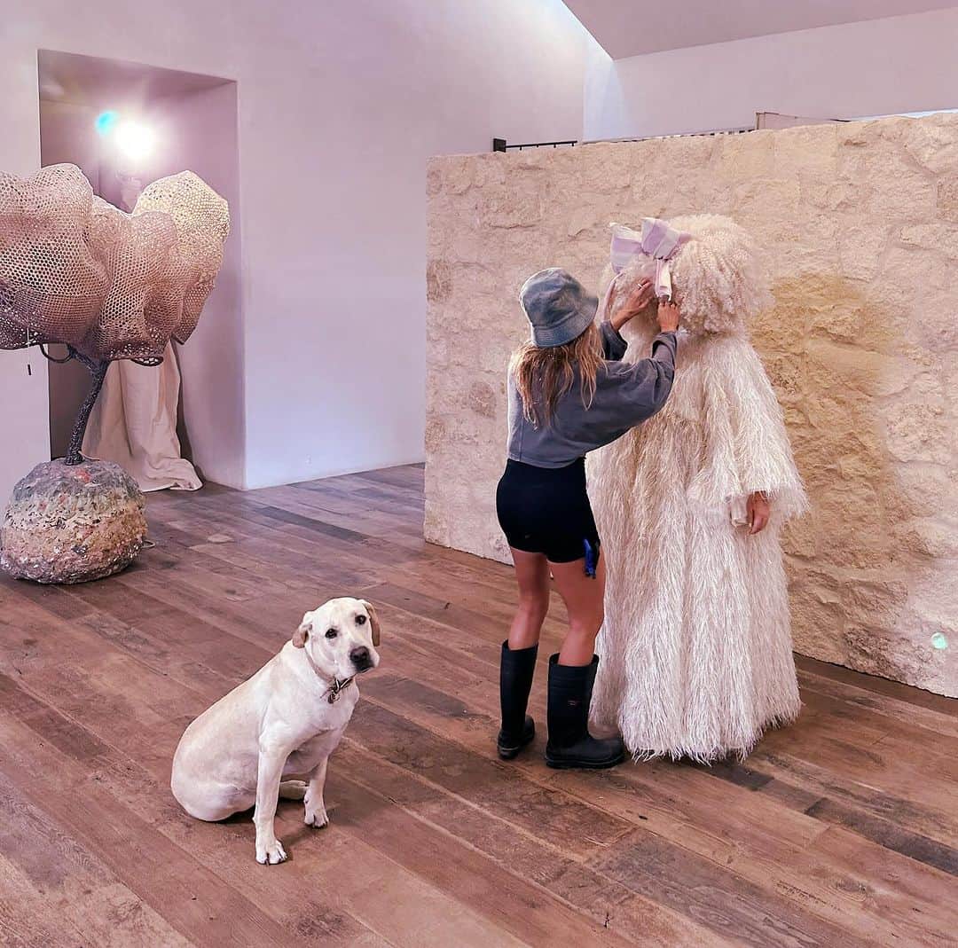 シーアのインスタグラム：「Coming soon #GimmeLove 👀 - Team Sia  [image description: a woman styling Sia, who is in a white wig and dress, with a white dog sitting in front of them]」