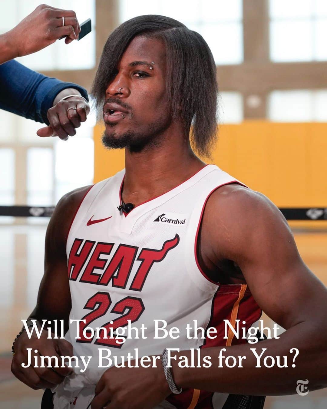 New York Times Fashionのインスタグラム：「Jimmy Butler, a forward for the Miami Heat, adopted an emo persona for the team’s media day, an annual rite of passage before the start of training camp in which players speak with reporters. Though the bit was short-lived, it left a lasting impression on the internet, inspiring memes referring to the classic emo song, “Fall for You,” by Secondhand Serenade.  Butler has never been concerned with what anyone expects of him. He blasts country music in the Heat’s locker room, irritating most of his teammates. He started a coffee company during the Covid pandemic, initially charging $20 a cup. He is also a ferocious competitor, and on Monday he pledged to lead the Heat back to the NBA finals this season.  Read the full story at the link in our bio. Photo by Rebecca Blackwell/@apnews」