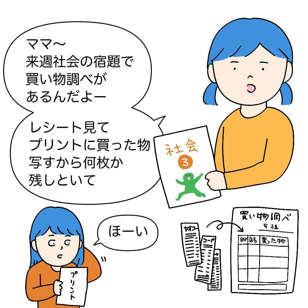 こしいみほのインスタグラム：「3年生の社会の宿題。レシートそのまま貼り付けて提出じゃなくてよかった…😇  #小学3年生 #買い物調べ #子育ての記録」