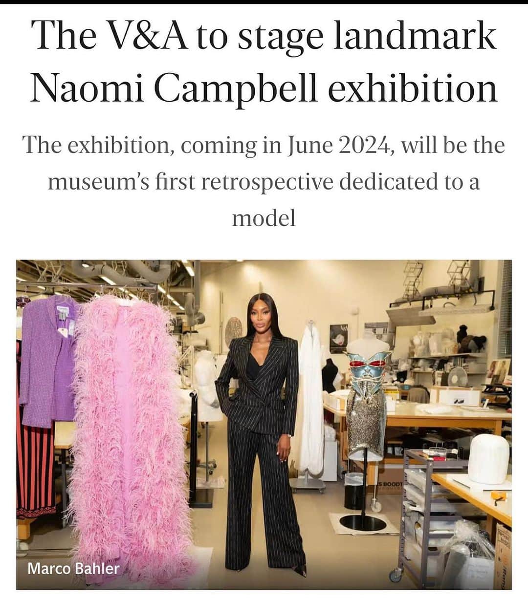 ナオミ・キャンベルのインスタグラム：「I'm HONOURED to be asked by the V&A to share my life in clothes with the world. The V&A's fashion collection is one of the largest collections in the world, and it is a blessing to work with them to share my story. The exhibition NAOMI will take place from 22 June 2024 - 6 April 2025. Love, Light and #Culture @vamuseum @marco.bahler wearing #sarahburton  💜🙏🏾」