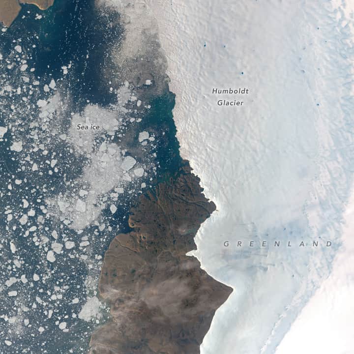 NASAさんのインスタグラム写真 - (NASAInstagram)「Ice melt in summer is normal for Greenland. But unseasonably warm weather in August led to several days of widespread melting. Melting peaked on Aug. 22, when it spanned nearly 282,000 square miles.  Image descriptions: Image 1: Satellite image from August 18. The glacier is bright white on the right. A jagged vertical line divides the white ice on the right from the dark brown exposed rock on the left. To the far left, scattered pieces of white sea ice dot a dark blue sea.  Image 2: Satellite image of the same area from August 27, after melting had peaked. The glacier had retreated, exposing more dirt-stained ground in gray and brown. The jagged perpendicular line is farther to the right, where there is less white ice. The ice has a blue tint from meltwater.」10月5日 23時40分 - nasagoddard