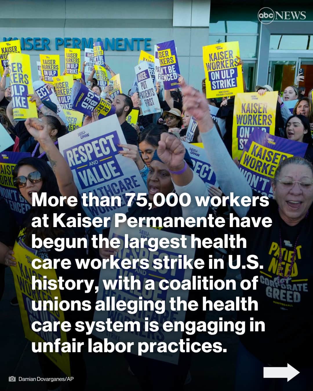 ABC Newsさんのインスタグラム写真 - (ABC NewsInstagram)「More than 75,000 workers at Kaiser Permanente have begun the largest health care workers strike in U.S. history.  The strike includes hundreds of positions, including nurses, emergency department technicians, pharmacists, optometrists, home health aides, medical assistants, dental assistants and more. Read more at the link in bio.」10月6日 1時00分 - abcnews