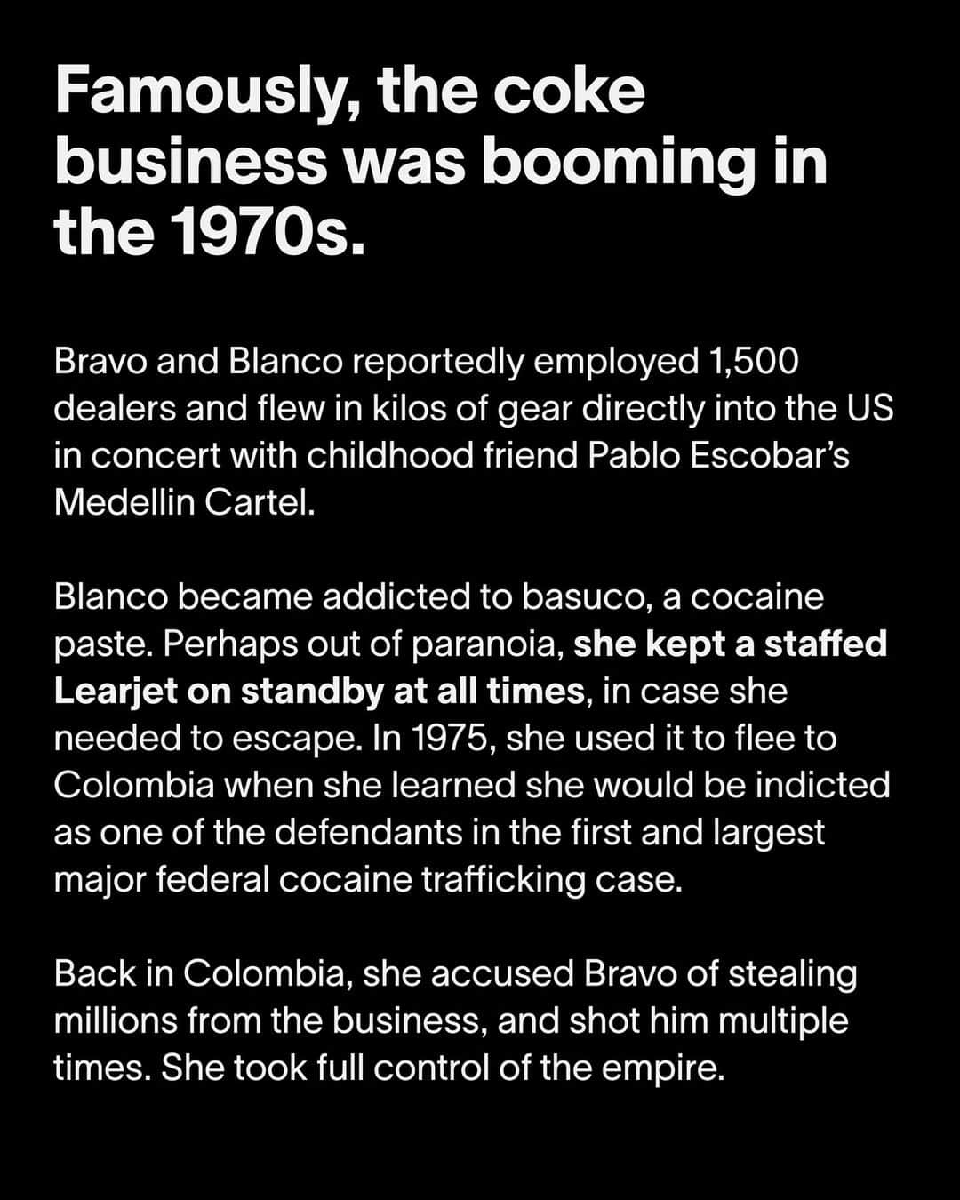 VICEさんのインスタグラム写真 - (VICEInstagram)「Colombian cocaine boss Griselda Blanco was a force of nature. The mother of four rose through the ranks in a male-dominated industry, knocked off all three of her husbands, killed hundreds of people and amassed staggering personal wealth while living lavishly at the head of a massive drug empire. Can you say #girlboss?⁠ ⁠ Joking, of course. Blanco was off her chops: She would force men and women to have sex at gunpoint. She’d host debauched orgies at her Miami mansion, where she kept a German shepherd guard dog named Hitler. She had eight strippers killed because she suspected they’d slept with her then-third husband, Sepulveda. Assistant U.S. Attorney Stephen Schlessinger says she had people murdered simply because she “didn’t like the way they looked at her.” Keep reading at the link in bio.」10月6日 0時55分 - vice