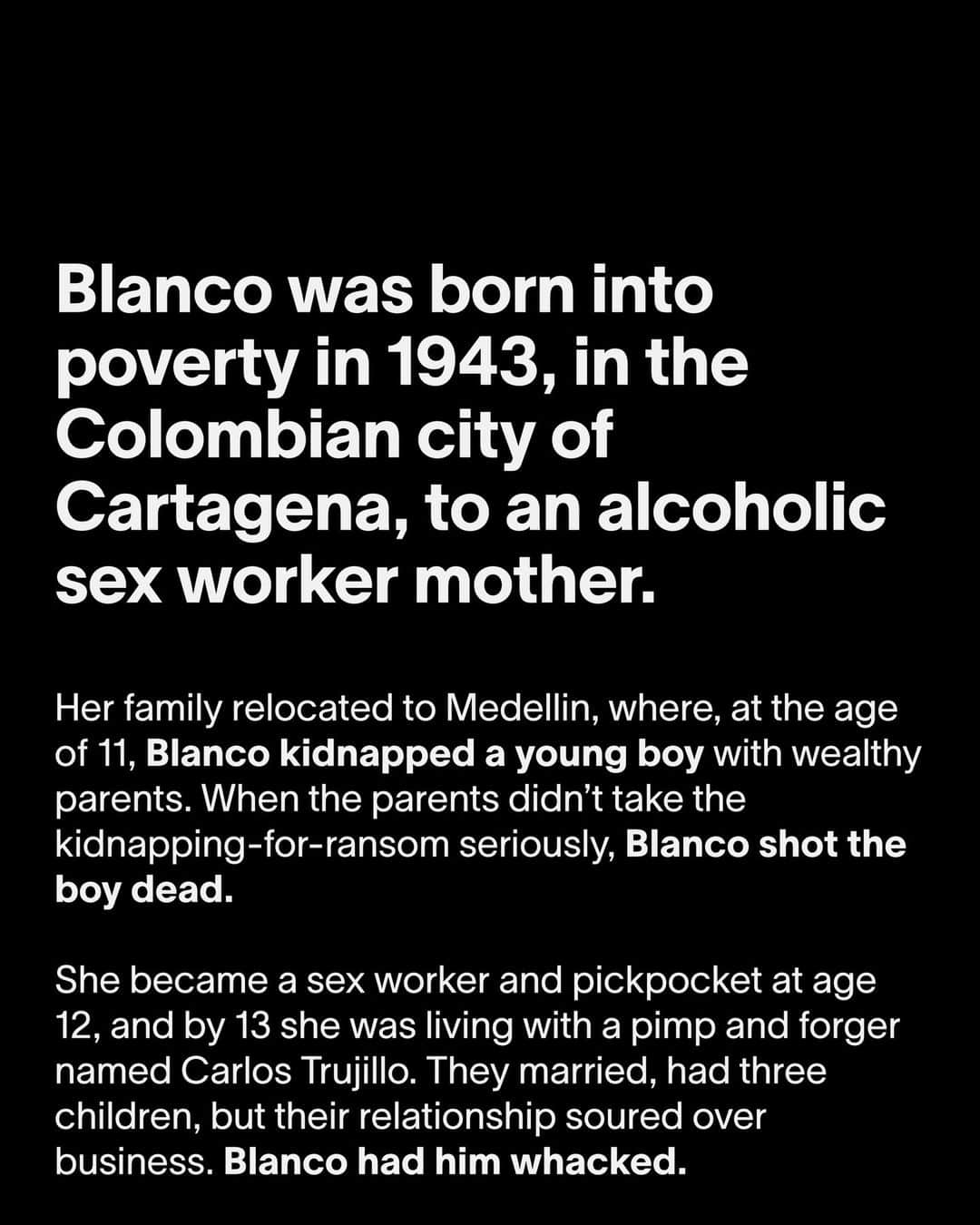 VICEさんのインスタグラム写真 - (VICEInstagram)「Colombian cocaine boss Griselda Blanco was a force of nature. The mother of four rose through the ranks in a male-dominated industry, knocked off all three of her husbands, killed hundreds of people and amassed staggering personal wealth while living lavishly at the head of a massive drug empire. Can you say #girlboss?⁠ ⁠ Joking, of course. Blanco was off her chops: She would force men and women to have sex at gunpoint. She’d host debauched orgies at her Miami mansion, where she kept a German shepherd guard dog named Hitler. She had eight strippers killed because she suspected they’d slept with her then-third husband, Sepulveda. Assistant U.S. Attorney Stephen Schlessinger says she had people murdered simply because she “didn’t like the way they looked at her.” Keep reading at the link in bio.」10月6日 0時55分 - vice