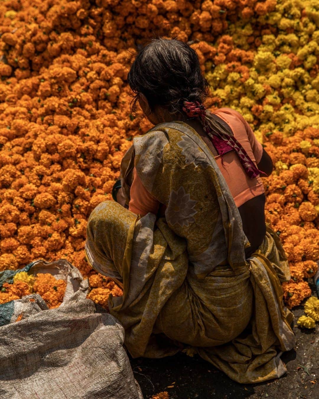National Geographic Travelのインスタグラム：「Photo by @gretarybus | A woman sells marigolds at Mumbai's Dadar Flower Market.   Follow Maine-based photojournalist @gretarybus for stories about human connections to the natural world.」