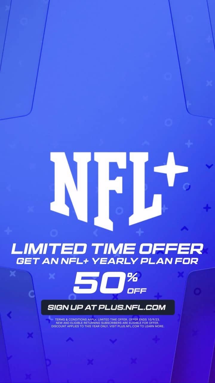 NFLのインスタグラム：「LIMITED TIME OFFER: Get access to an #NFLPlus yearly subscription for 50% OFF.  Offer ends 10/9/23. Sign up now (link in bio)」