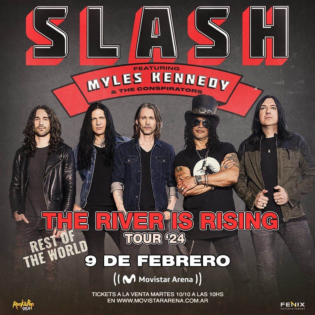 スラッシュさんのインスタグラム写真 - (スラッシュInstagram)「Buenos Aires, Argentina! 🇦🇷 SMKC will be performing @moviestararenaar on Feb 9th as part of The River is Rising- Rest of The World Tour‘24. Presale is on Monday October 9th, password is SMKC24. Tickets go on sale Tuesday, October 10th. Click the link in bio for more info. #slash#myleskennedy #toddkerns #brentfitz #franksidoris #riverisrising」10月6日 3時03分 - slash