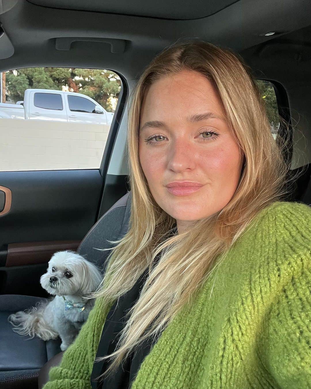 アマンダ・ミシェルカのインスタグラム：「Daily commute. “Car rides with Willow” 🐶 #sweaterweather」