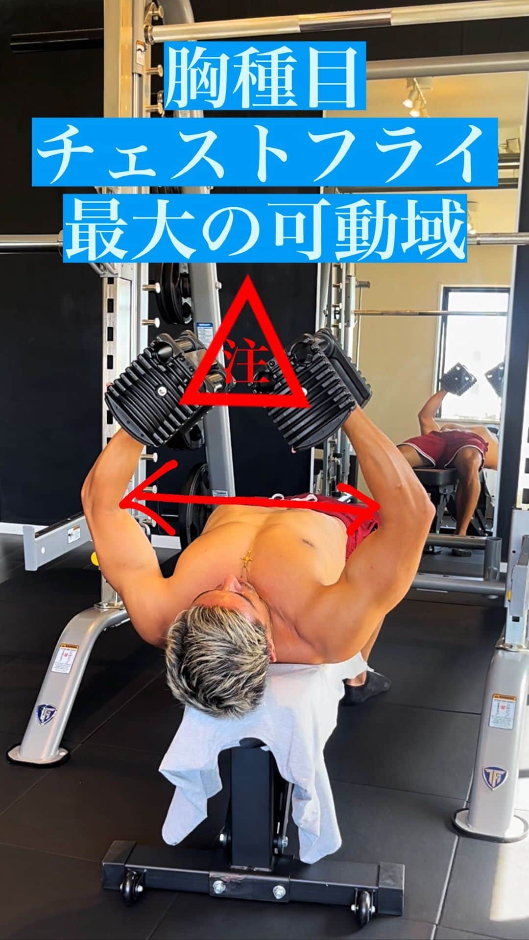 Ethan 佑太 Schellinのインスタグラム：「ダンベルチェストフライの解説動画です😊 こちらのコンテンツ作りで、間違った二頭筋に入るフライで実際軽く二頭筋を痛めたのでライク貰えると嬉しいです😂」