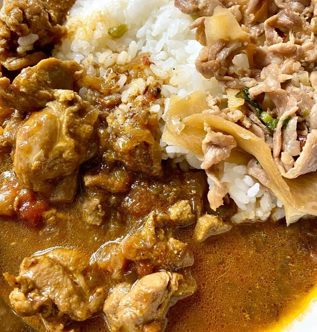 江口寿史のインスタグラム：「お昼は天壺のばばちゃんに頂いた昨日の(カレーの日の)残りのチキンカレー。んまかったー。ありがとうございます😋」