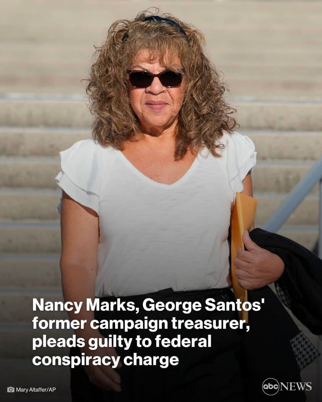 ABC Newsのインスタグラム：「Nancy Marks, the former treasurer for embattled Rep. George Santos, pleaded guilty to a federal conspiracy charge.  Marks allegedly filed the names of false donors to Santos' congressional campaign to inflate the amount of campaign donations Santos appeared to have amassed so he could qualify for national party support, federal prosecutors say. MORE AT LINK IN BIO.」
