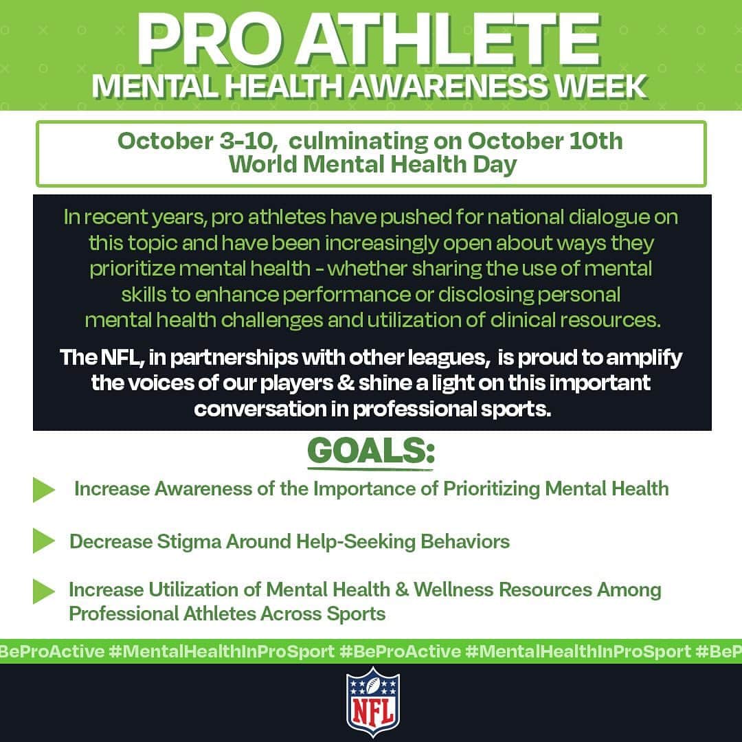 NFLのインスタグラム：「October 3-10th is Pro Athlete Mental Health Awareness Week. 💚  The NFL is proud to support, share resources and amplify the voices our players and Legends who are passionate about furthering the conversation around mental health. #BeProactive」