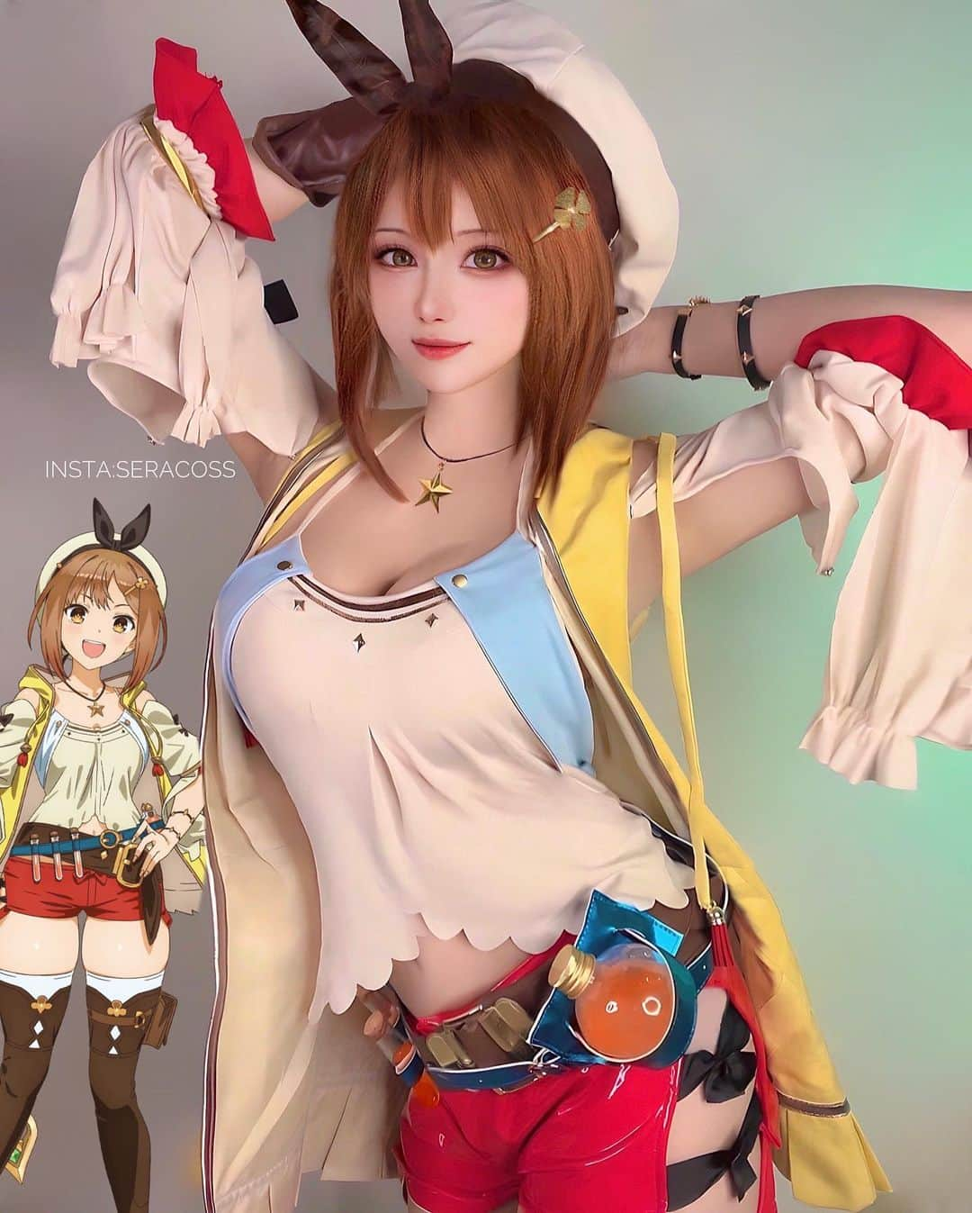 せら☆こすのインスタグラム：「my cosplay #atelierryza  @seracoss  #atelierryzacosplay  ライザのコスプレさせてもらいました💓 Thank you for providing this costume @nyacos.official 🙏🌸 . . . . . . . . . . . . . . . #nyacosplay #nyacos  #animecosplay #animegirl #animegirls #animelover #animeedit #ryza #atelierryza2 #atelierryza3 #gamecosplay #gamecos #gamelover #nintendoswitch #playstation4 #kadokawagames #kadokawaanime」