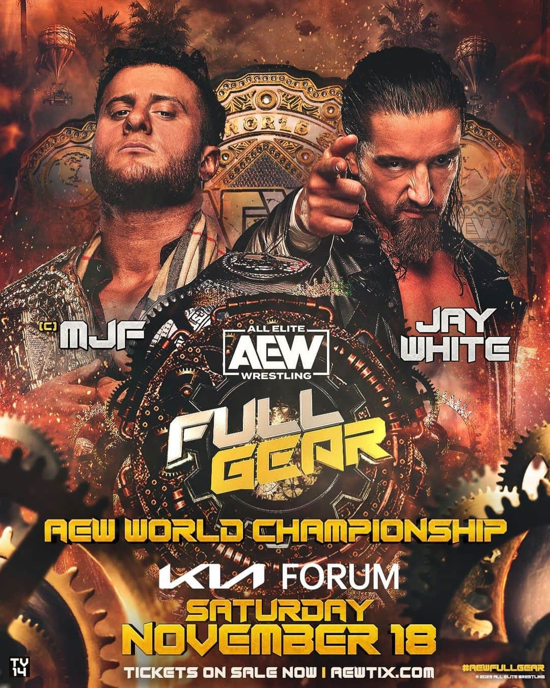 ジェイ・ホワイトのインスタグラム：「Saturday November 18 #AEWFullGear LIVE on PPV @thekiaforum | Los Angeles, CA  AEW WORLD CHAMPIONSHIP MJF (c) vs. Jay White  #BulletClubGold's @JayWhiteNZ will challenge #AEW World Champion @The_MJF for the Title LIVE on PPV!  🎟 AEWTIX.com | Link is in the Bio」