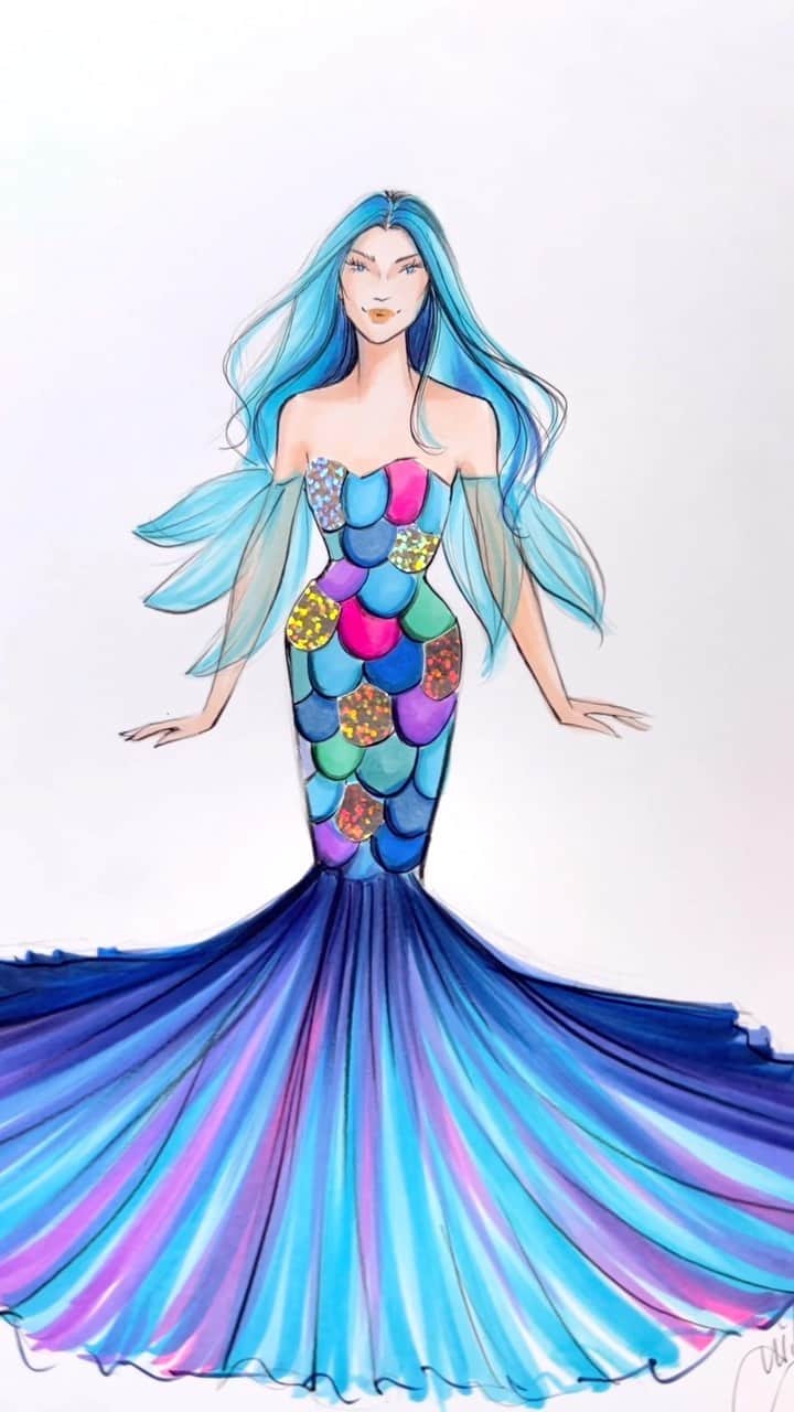 Holly Nicholsのインスタグラム：「Turning my favorite children’s books into haute couture 🌈 Rainbow Fish 🐠#childrensbookillustration #childrensbook #therainbowfish #rainbowfish #fashionillustration #asmr #copicmarkers #asmrsounds」