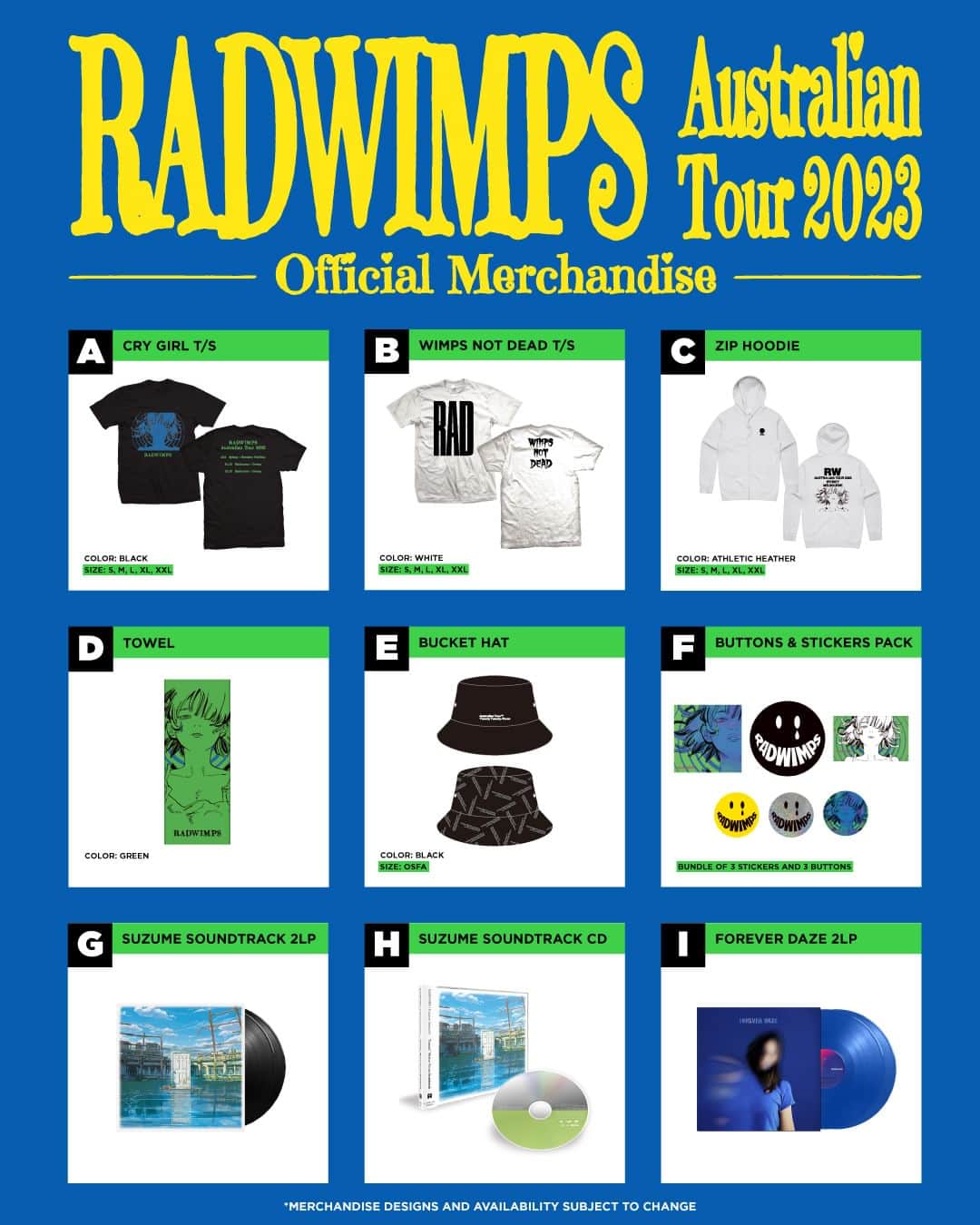 RADWIMPSさんのインスタグラム写真 - (RADWIMPSInstagram)「Check out the merchandise line-up for RADWIMPS Australian Tour 2023 kicking off October 9th!  #RAD_AUSTRALIANtour2023」10月6日 12時00分 - radwimps_jp